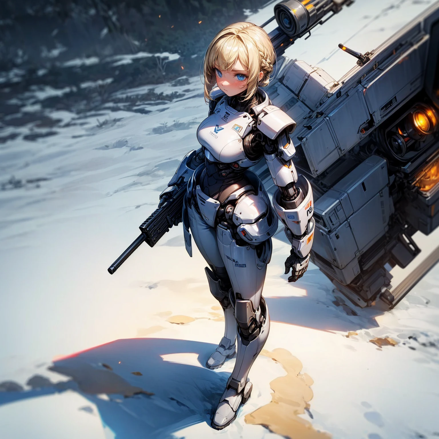 Ultra detailed, full background, Full body version, Grassroots, background in snow field, (solo, girl, cyborg, blue eyes, sad eyes, blonde color hair, bob hairstyle, pants, Boots), standing gesture, full robotic outfit, largest armor robotic, shotgun robot in hand, largest gun robot, smoke effect, plasma effect, lighting effect, Fire effect on background, high angle view 