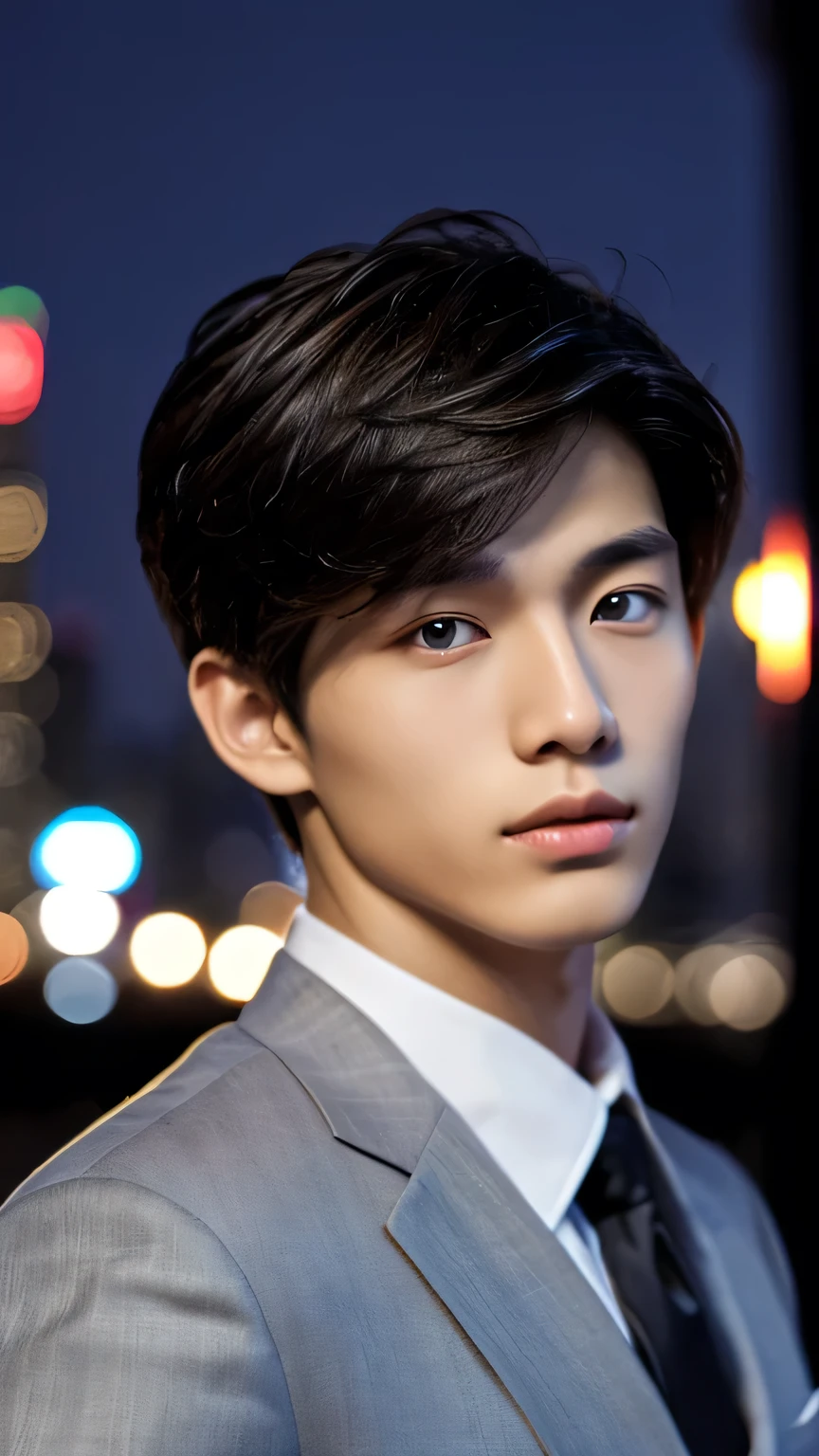 Highest quality, masterpiece, Ultra-high resolution, (Realistic: 1.4), Original photo, wallpaper, Head Photo, skin, Simple Background, Iris, detailed, Selfie, 1 boy, 18-year-old, good looking, Wind,suit、night