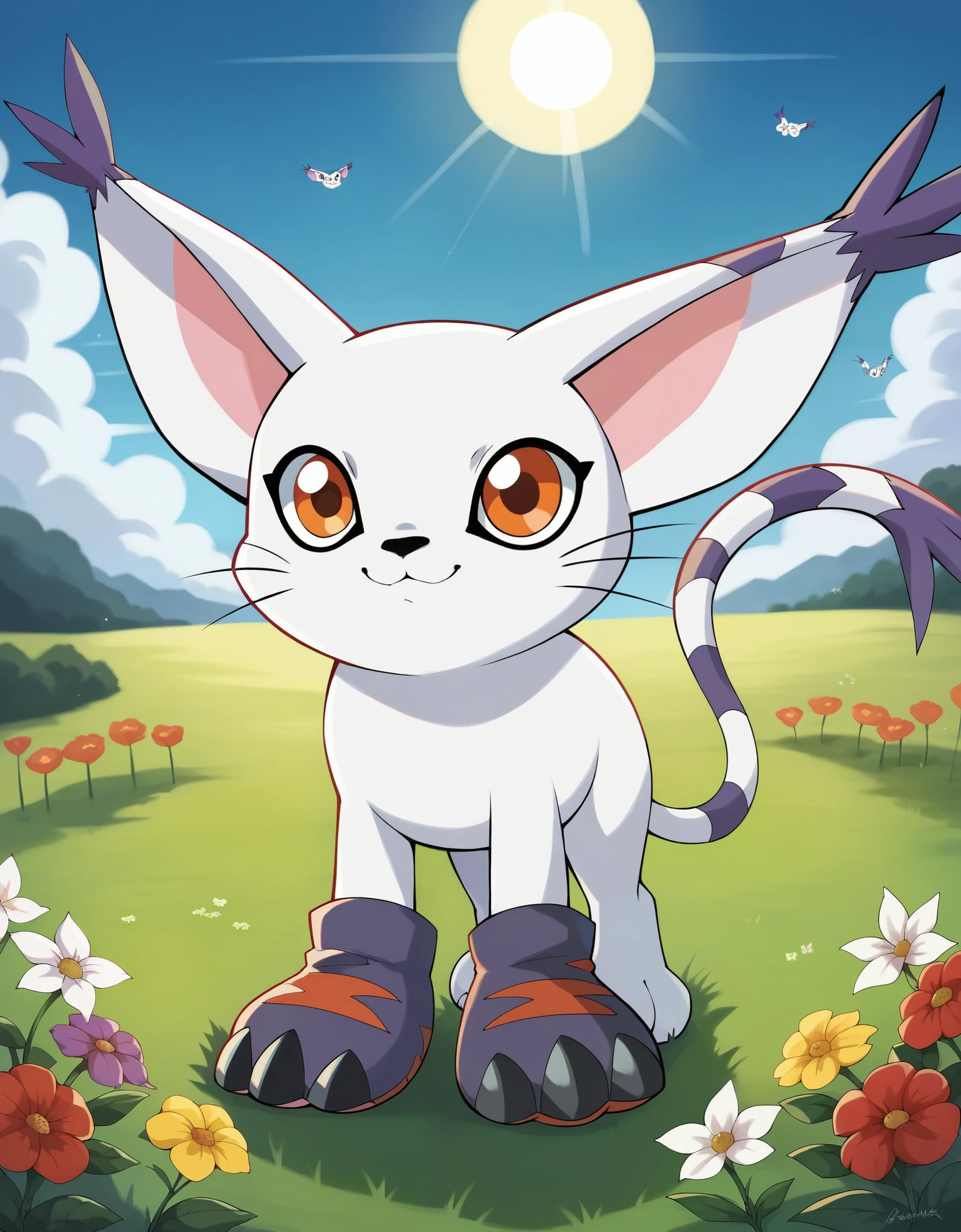 score_9,score_8_up,score_7_up,score_6_up,score_5_up,score_4_up,absurdres,masterpiece,outstanding,gatomon,digimon,feral,rating_safe,blackgatomon, black fur,blackgatomon standing in a meadow, flower, sun, blue sky, grass, paw gloves, purple gloves, orange eyes, bokeh, dof, beautiful, standing, cute