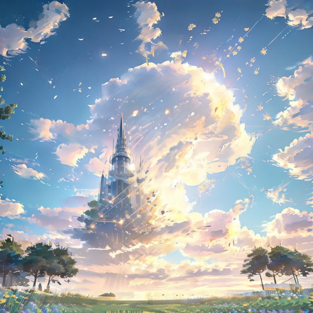 grassland、flower、flowerびらが舞う、Dazzling Light、lame、Earth、Complex and sophisticated metallic vertical aerostat structure, Very detailed, Exquisite metalwork, Futuristic, Sophisticated, Modern, Minimalist, Cinema Lighting, Sparkling Surface, Realistic, 8k, Very detailed, masterpiece