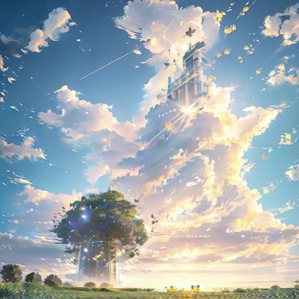 grassland、flower、flowerびらが舞う、Dazzling Light、lame、Earth、Complex and sophisticated metallic vertical aerostat structure, Very detailed, Exquisite metalwork, Futuristic, Sophisticated, Modern, Minimalist, Cinema Lighting, Sparkling Surface, Realistic, 8k, Very detailed, masterpiece