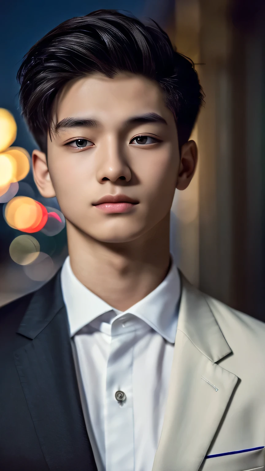 Highest quality, masterpiece, Ultra-high resolution, (Realistic: 1.4), Original photo, wallpaper, Head Photo, skin, Simple Background, Iris, detailed, Selfie, 1 boy, 18-year-old, good looking, Wind,suit、night