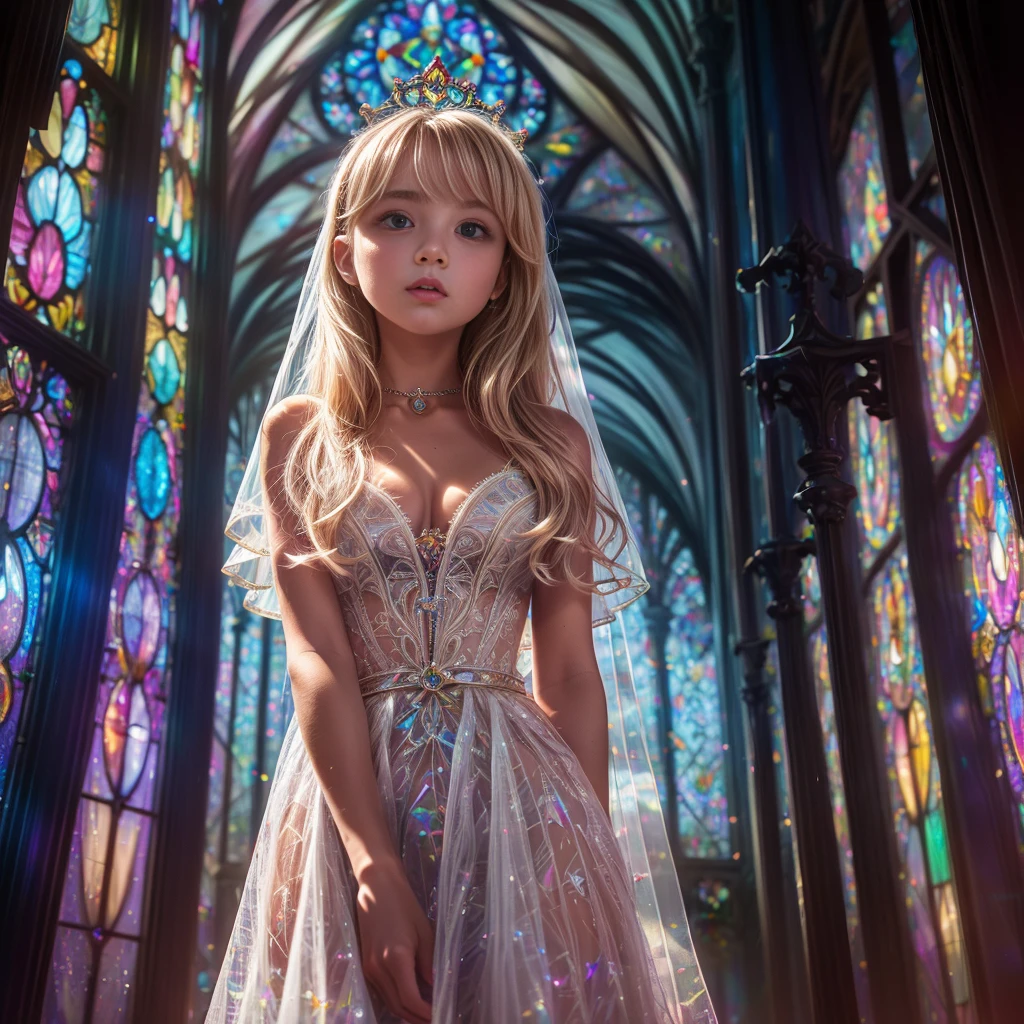 (Cathedral from below:1.28) (ZoomLayer) TopQuality 8K masterpiece of ((Professional photo)), (((Clarisse de Cagliostro))) (Detailed White WeddingDresses), Chain, (((Extremely detailed KAWAII face))) {((VeiledFace))|BlondeHair|(Elaborate BuleEyes)with(SparklingHighlights:1.28)}, The background is distant (((Elaborate stained glass))) Rainbow Glass, {(MysticSight)|EnchantingAtmosphere|Haze|(GodRays)|TyndallEffect}, Radiant PearlSkin with Transparency, (Exposed:0.39)