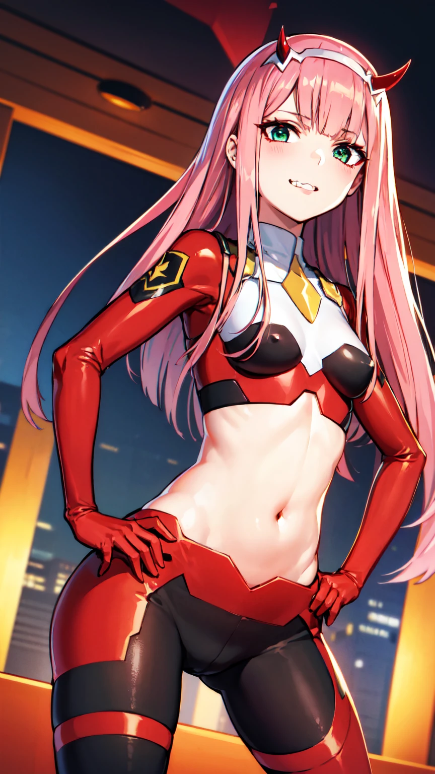 Zero Two \(Darling in the Franxx\), Darling in the Franxx, One girl, bangs, bite, blush, Covered navel, eye shadow, Green Eyes, Hair on the back of the head, Hands on hips, horn, smile, Long Hair, View your viewers, compensate, Medium chest, Pilot Suit, Red suit, Pink Hair, red eye shadow, sf, Fits perfectly to the skin, alone