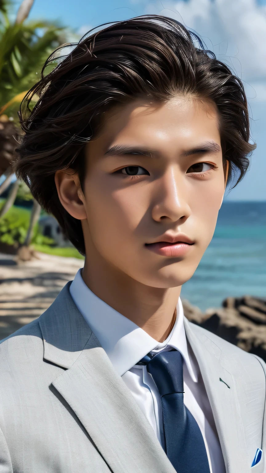 Highest quality, masterpiece, Ultra-high resolution, (Realistic: 1.4), Original photo, wallpaper, Head Photo, skin, Simple Background, Iris, detailed, Selfie, 1 boy, 18-year-old, good looking, Wind,suit、island