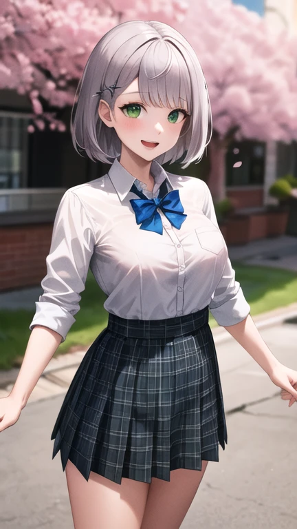 masterpiece, best quality, highres, ffnoel, short hair, x hair ornament, green eyes, blue bowtie, white shirt, collared shirt, black skirt, plaid skirt, pleated skirt, miniskirt, smile, outdoors, cherry blossoms, standing, cowboy shot, open mouth,