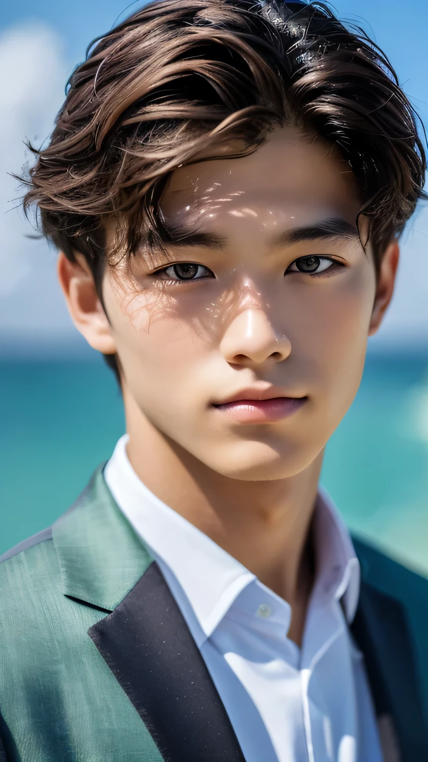 Highest quality, masterpiece, Ultra-high resolution, (Realistic: 1.4), Original photo, wallpaper, Head Photo, skin, Simple Background, Iris, detailed, Selfie, 1 boy, 18-year-old, good looking, Wind,suit、island