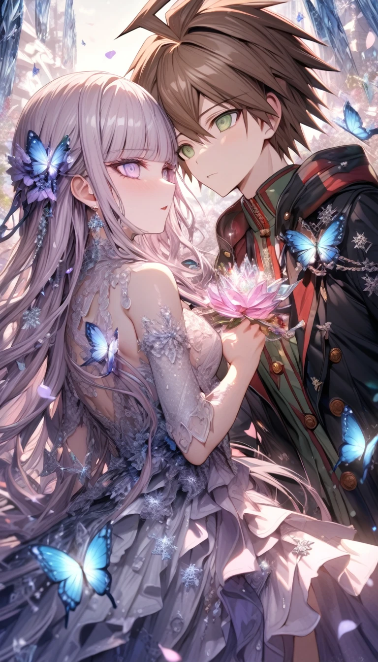 Ultra detailed, HDR, Highres, absurdres, master piece, Naegi Makoto, brown hair, expressive teal eyes, Kirigiri Kyouko, light lavender hair, expressive purple eyes, black clothes, Danganronpa, ice glittering butterflies, ice, petals, ice pink glass flowers, glittering, fantasy, magical, snowflakes, cold, a handsome man together with a beautiful woman, couple, love