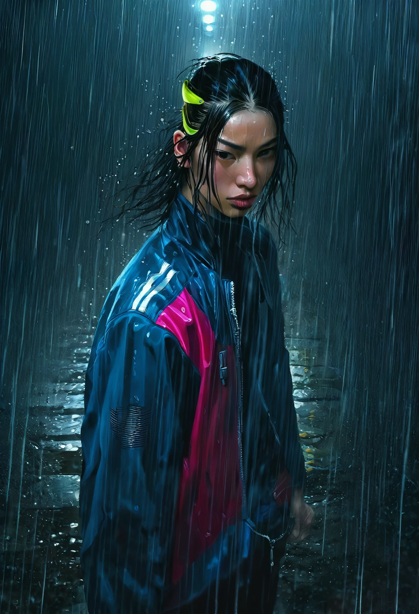 1 man, helmet cyberpunk, mask, full body portrait, in the rain, complicated painting with fine lines, Realism with a Touch of Emotion: Inoue's illustrations showcase a meticulous attention to detail, characters to life with realistic proportions and anatomical accuracy, simply aim for photorealism; instead, art with emotional depth, capturing the essence of his characters through their expressions and gestures.complicated details, very detailed,