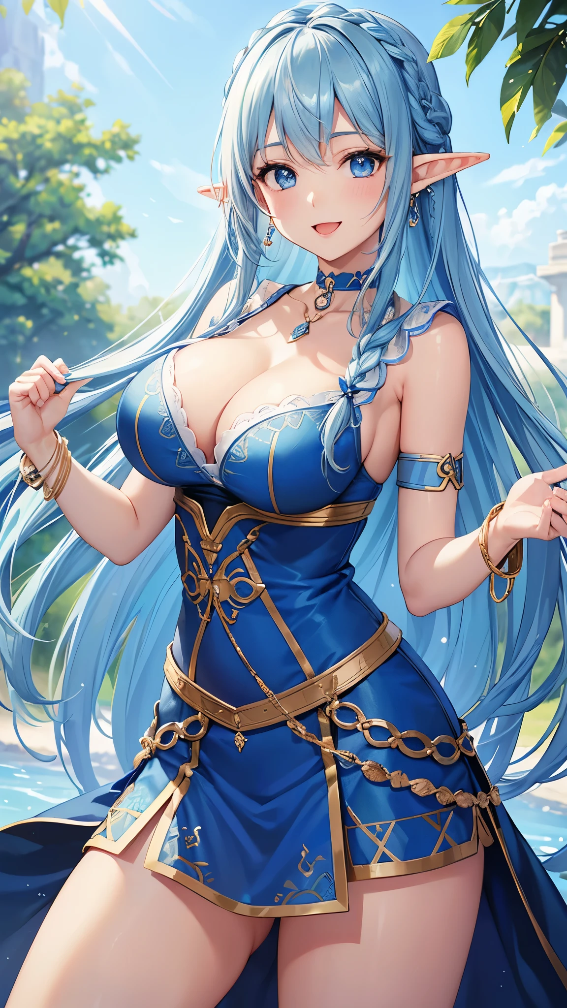 Highest quality、Highest quality、masterpiece、(8k resolution),beauty(Age 25)、(Mature Appearance)、Light blue long hair(Braiding of sides)、blue eyes、(Blue underwear with detailed embroidery)、(Elf)、Big cleavage、((Very large breasts))、smile、blue necklace、Blue Earrings、background(ice)、Please open your mouth wide、bracelet、Dynamic pose、Blue choker、