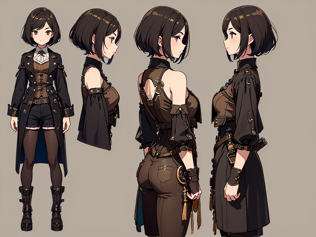 (((three views、(front図)、Side view、Rear view)))、whole body、short hair、Distant eyes、Big Mouth、Low Nose、front、steampunk、Shorts、Are standing、One Woman、Simple Background、Character Sheet
