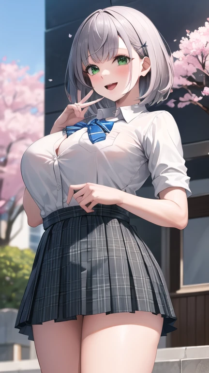 masterpiece, best quality, highres, ffnoel, short hair, x hair ornament, green eyes, blue bowtie, white shirt, collared shirt, black skirt, plaid skirt, pleated skirt, miniskirt, smile, outdoors, cherry blossoms, standing, cowboy shot, open mouth,