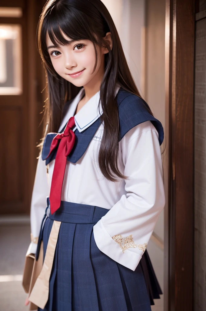 (RAW Photos:1.2), (Realistic:1.4), Cute Detailed Girl,smile, Very detailed eyes and face, Beautiful attention to detail, Very detailedな, High resolution, Very detailed, Highest quality, masterpiece, Kanna Hashimoto, ((Japanese high school girls uniform)), figure, Very detailed, CG, Unified, 8k wallpaper, wonderful, The finer details, masterpiece, Highest quality, Very detailed CG uniform 8k wallpaper, Light on the face, Cinema Lighting, One girl, 12 years old, ((Dynamic pose))