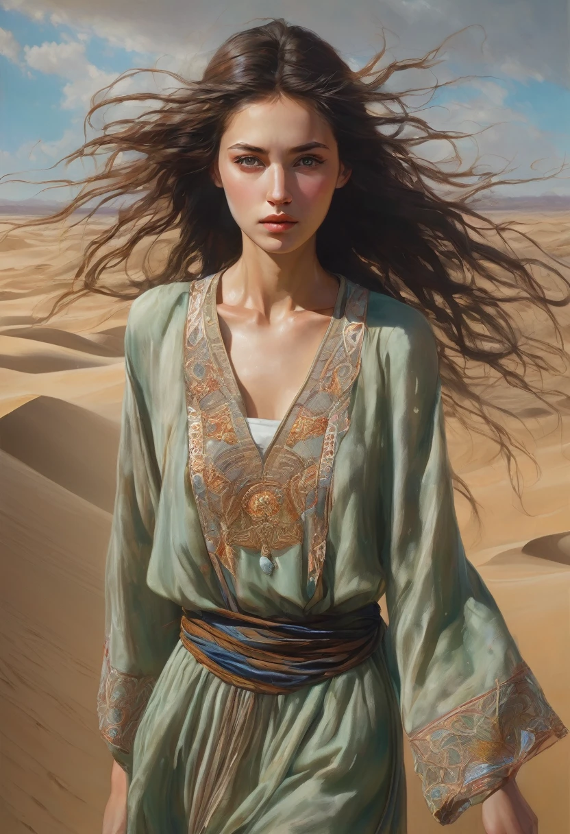19 year old girl , high, slim, , long , dark copper hair blowing in the wind, subtle freckles, green eyes, walks through the desert towards the viewer, dressed in loose flowing embroidered clothes, which gradually turn into sand and are carried by the wind, masterpiece, high детализация, high quality, a high resolution, complex parts, Small parts, Correct anatomy, The right face, Beautiful face, Golden ratio, acrylic paint, airbrush, soft light, modern surrealism, ( author: Lucas Royo, author: Hajime Soroyama)
