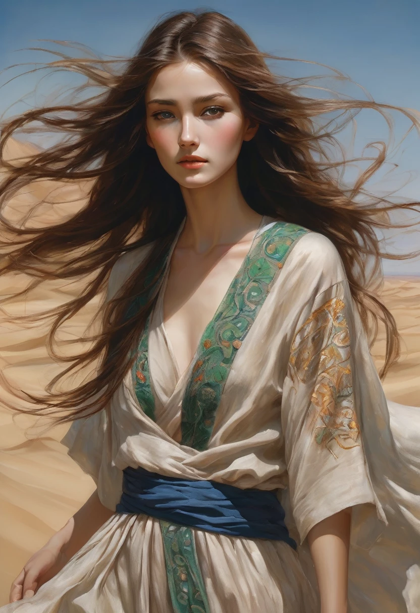19 year old girl , high, slim, , long , dark copper hair blowing in the wind, subtle freckles, green eyes, walks through the desert towards the viewer, dressed in loose flowing embroidered clothes, which gradually turn into sand and are carried by the wind, masterpiece, high детализация, high quality, a high resolution, complex parts, Small parts, Correct anatomy, The right face, Beautiful face, Golden ratio, acrylic paint, airbrush, soft light, modern surrealism, ( author: Lucas Royo, author: Hajime Soroyama)