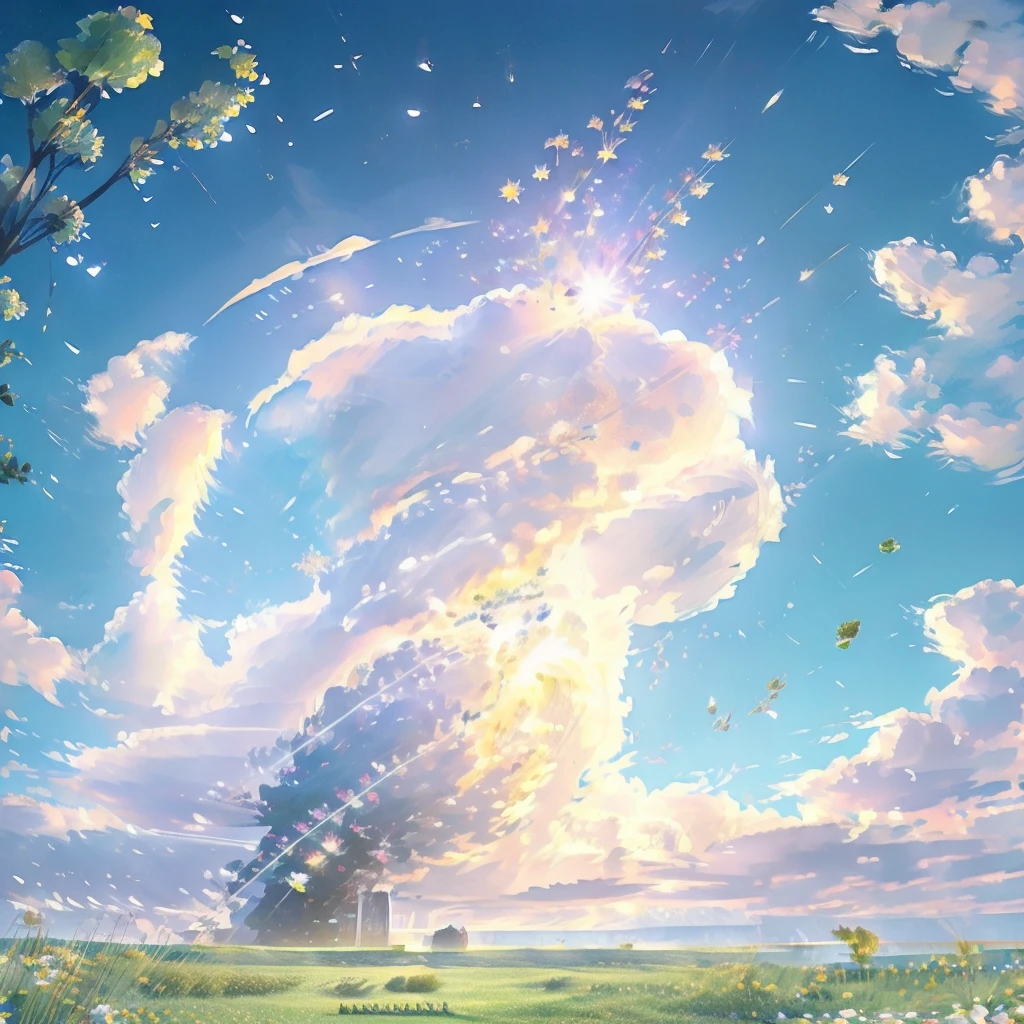 grassland、flower、flowerびらが舞う、Dazzling Light、lame、Earth、Complex and advanced crystal vertical aerostat structure, Very detailed, Exquisite crystal work, Futuristic, Sophisticated, Modern, Minimalist, Cinema Lighting, Sparkling Surface, Realistic, 8k, Very detailed, masterpiece