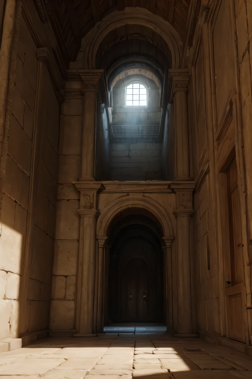 Interior of a 1st century Roman prison with the doors open in Pixar style.