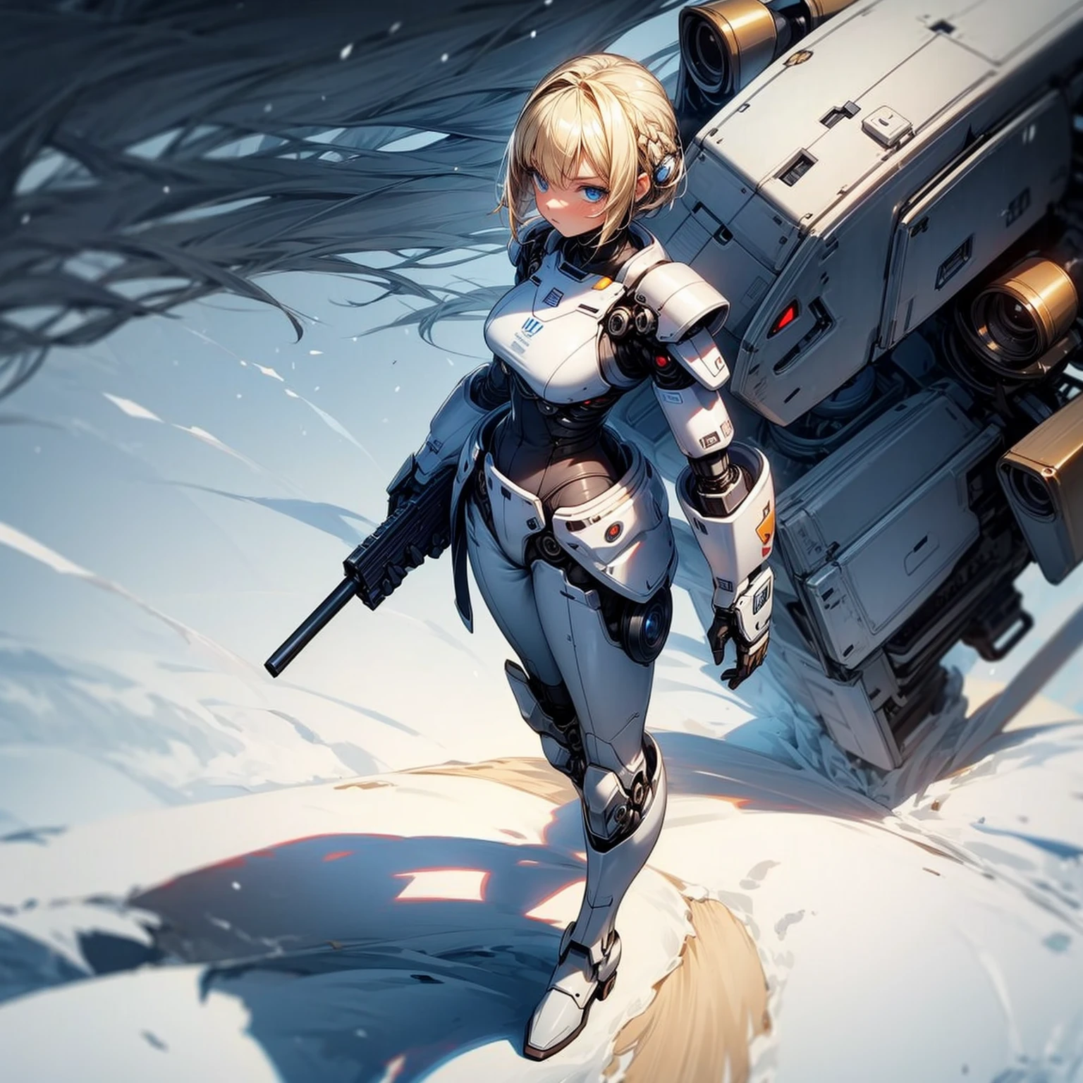 Ultra detailed, full background, Full body version, Grassroots, background in snow field, (solo, girl, cyborg, blue eyes, sad eyes, blonde color hair, bob hairstyle, pants, Boots), standing gesture, full robotic outfit, largest armor robotic, shotgun robot in hand, largest gun robot, smoke effect, plasma effect, lighting effect, Fire effect on background, high angle view 