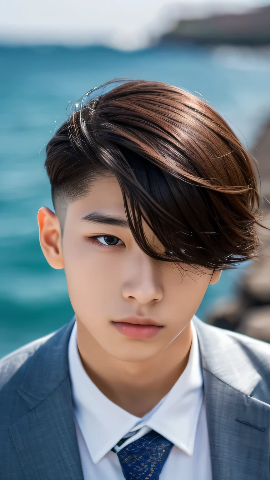 Highest quality, masterpiece, Ultra-high resolution, (Realistic: 1.4), Original photo, wallpaper, Head Photo, skin, Simple Background, Iris, detailed, Selfie, 1 boy, 18-year-old, good looking, Wind,suit、Rocky area