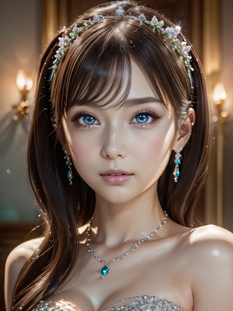 masterpiece, highest quality, figure, alexandrite eyes and hair, platinum earrings, Platinum Necklace, white dress, The Little Mermaid, cute, (dynamic lighting:1.2), cinematic lighting, delicate features, fine eyes, sharp pupils, realistic student, Depth of bounds written, Bokeh, sharp focus, (very detailed, bloom, shine:1.4), Many Small Gems, hatsune miku