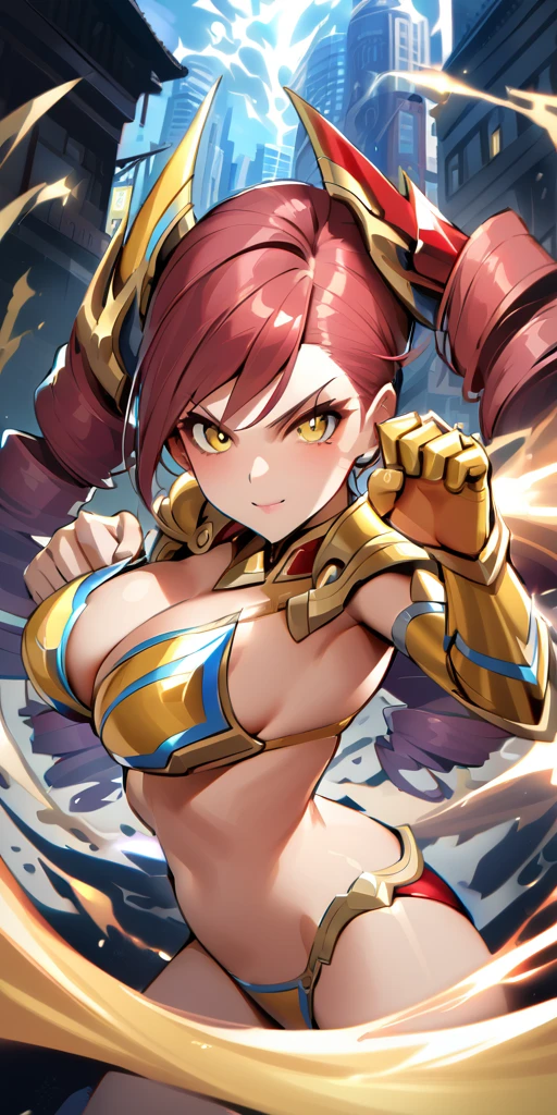 ((Highest quality、masterpiece、anime style、best quality、high resolution、8k、detailed、ultra-detailed:1.3))、Long legs、Sharp focus:1.2, Beautiful woman with perfect figure:1.4、(Smiling:1.2), double eyelid、30-year-old female、Sexy pose、((((Close your mouth、One Woman、movement,Dynamism、Fighting Pose、long drill hair、Bikini armor with red, blue and yellow as the main colors:1.5))))、The background is a futuristic city、