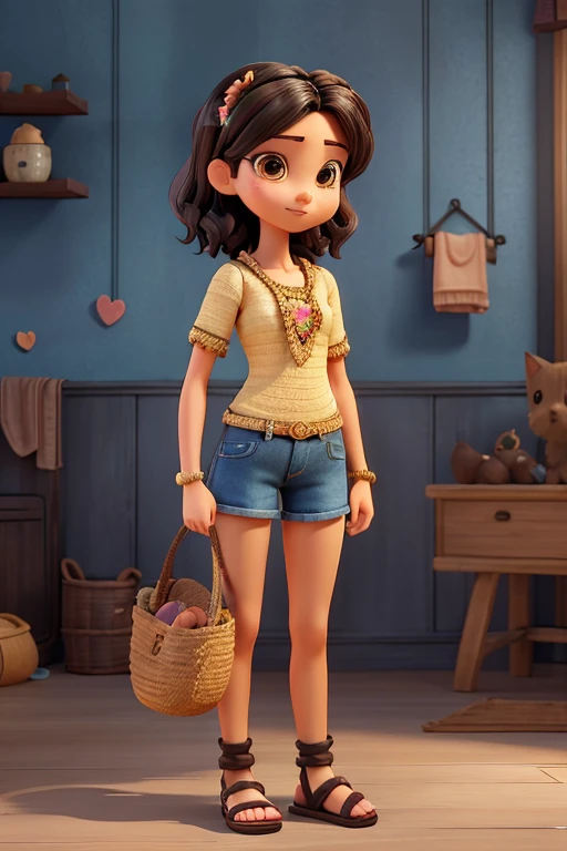 A woman with low height, thin waist, wide hips, brown eyes, short wavy black hair, with makeup, wearing denim shorts and a black crochet blouse, with a kitten in her arms, wearing sandals, 3D flower photo scene