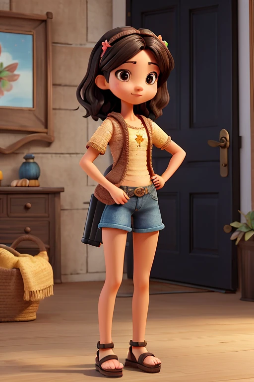 A woman with low height, thin waist, wide hips, brown eyes, short wavy black hair, with makeup, wearing denim shorts and a black crochet blouse, with a kitten in her arms, wearing sandals, 3D flower photo scene