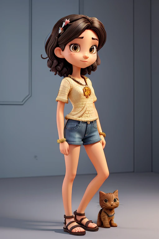A woman with low height, thin waist, wide hips, brown eyes, short wavy black hair, with makeup, wearing denim shorts and a black crochet blouse, with a kitten in her arms, wearing sandals, 3D flower photo scene