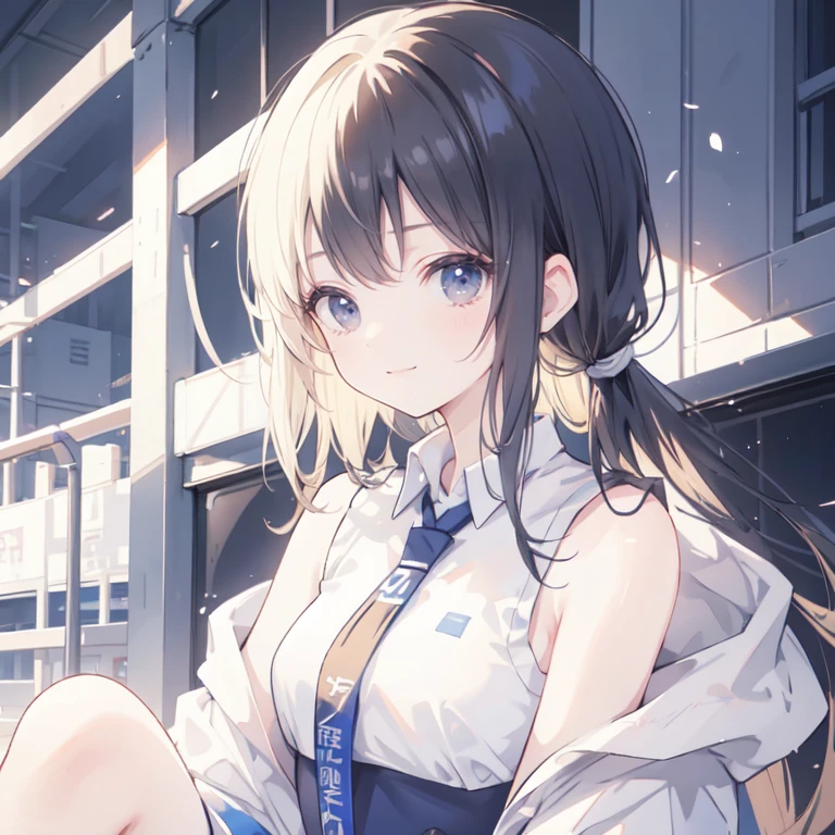 ,Wearing white and blue volleyball uniform, sleeveless, At the same height, (A black-haired woman, ) (A blonde), small, sweating on breasts, masterpiece, best quality, Amazing shadows, Detailed background, Silk Shooting,Medium breasts