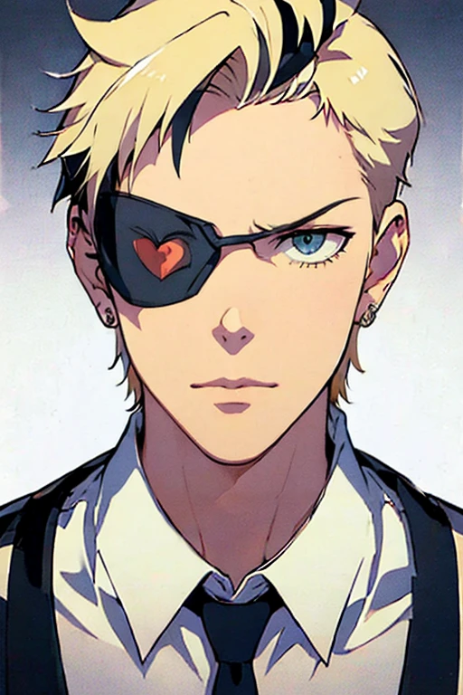 1 male , 1 eye covered with eye patch, (tall man, slim, manly, dominate,  buzzed blonde hair, tough, wearing goth outfit, has 1 earring.) best quality, ultra-detailed, illustration, complex, detailed, extremely detailed, detailed face, soft light, soft focus, perfect face, illustration: Full Body