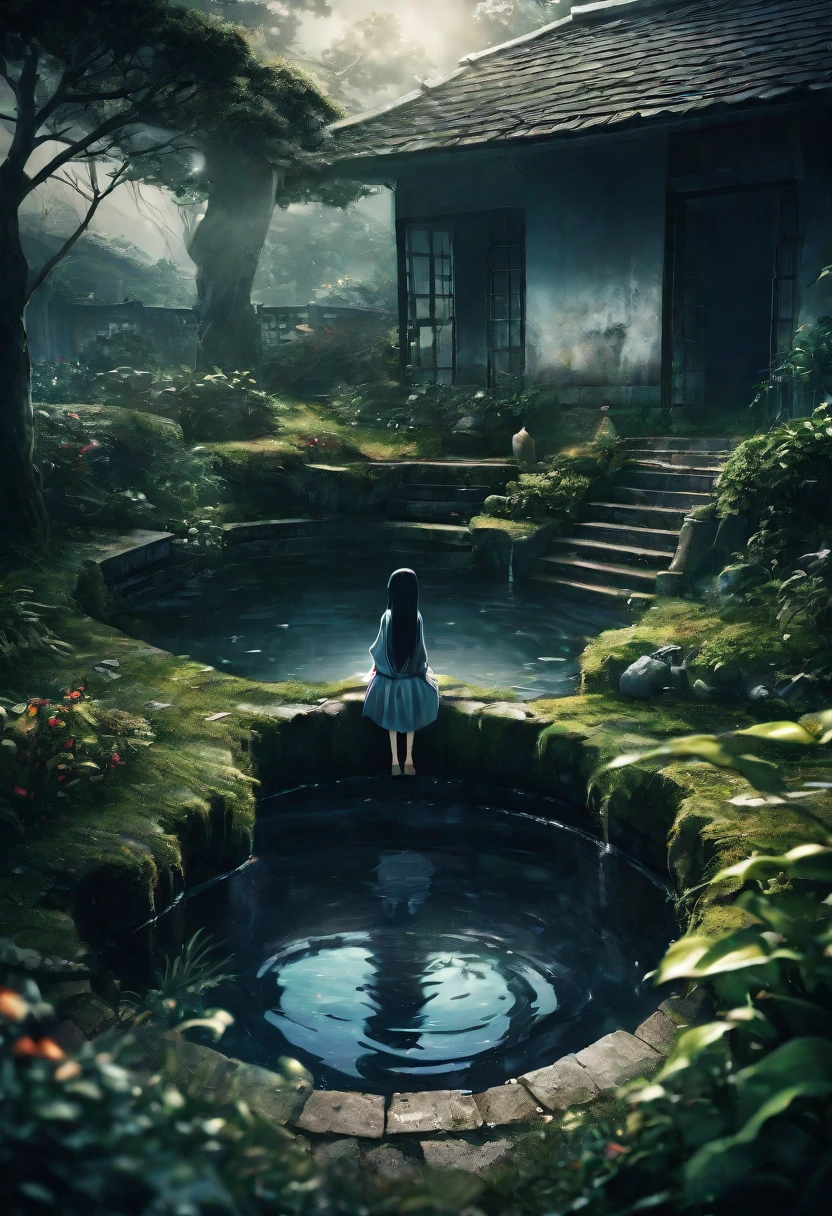 Spooky places, Dark atmosphere, (Unused, Sadako and the dilapidated and dirty well in the garden), (masterpiece), (Highest quality), (Ultra high definition)