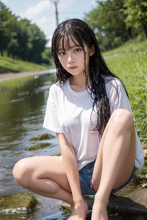 ​masterpiece、Extremely small underwear、 woman、(poneyTail）、((((small head:1.4))))、Open your legs to show your crotch、Stand on one knee、river in the background、boulders、(A dark-haired)、(Raw photography:1.2)、slightly larger breasts、(Photorealsitic:1.4)、A smile、cute little、embarrassed from、the whole body is wet、masturbation、showing your whole body、Lace white underwear、(((Wet pubic area shows through)))、(((Wet and see-through)))、Textured skin、extremely detailed eye and face、二重まぶた、(Increase the beauty of skin texture:1.1)、hight resolution、8k wallpaper、电影灯光