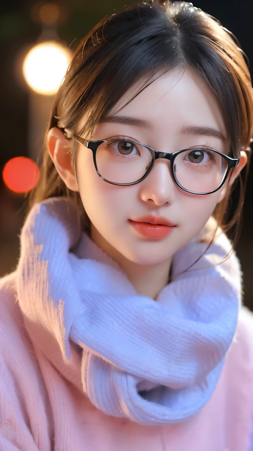 (masterpiece, best quality), (kpop idol, beautiful girl),   BREAK  0406,Best-quality, Masterpiece, Ultra-High-Resolution, (Photorealistic:1.4), Raw-Photo, Extremely-Details, Perfect-Anatomy, 

in winter schoolyard, 

1girl, the most popular Japanese idol, (wearing Japanese high-school winter uniform, muffler with cute design, glasses with cute design), face focus, close-up, innocent smile, looking at viewer, 
extremely cute face like a most famous Japanese idol, extremely beautiful big black solid eyes, extremely beautiful blonde short-cut-haired, extremely beautiful realistic white skins, extremely beautiful wet lips, 

detailed glasses, detailed Japanese high-school winter uniform, detailed muffler with cute design