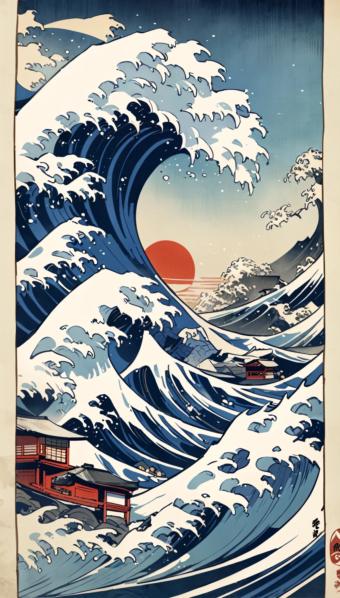 scenery、Ukiyo-e style、Japan、tsunami