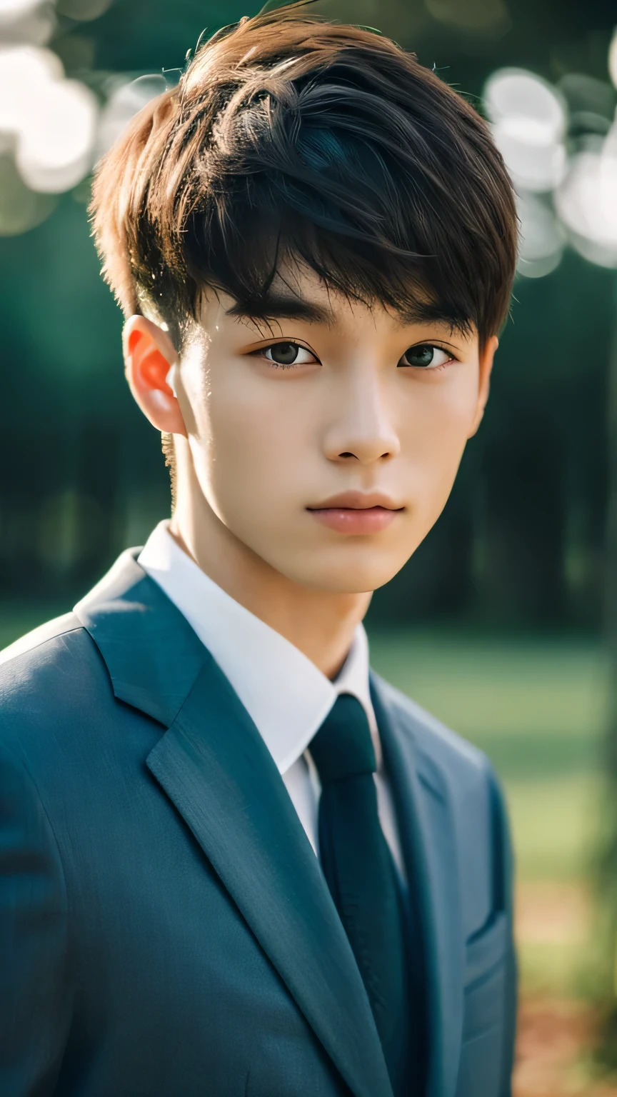 Highest quality, masterpiece, Ultra-high resolution, (Realistic: 1.4), Original photo, wallpaper, Head Photo, skin, Simple Background, Iris, detailed, Selfie, 1 boy, 18-year-old, good looking, Wind,suit、forest