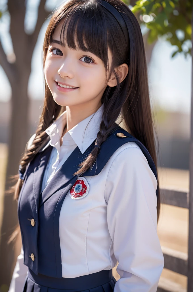 (RAW Photos:1.2), (Realistic:1.4), Cute Detailed Girl,smile, Very detailed eyes and face, Beautiful attention to detail, Very detailedな, High resolution, Very detailed, Highest quality, masterpiece, Kanna Hashimoto, ((Japanese high school girls uniform)), Very detailed, CG, Unified, 8k wallpaper, wonderful, The finer details, masterpiece, Highest quality, Very detailed CG uniform 8k wallpaper, Light on the face, Cinema Lighting, One girl, 12 years old, ((Dynamic pose))