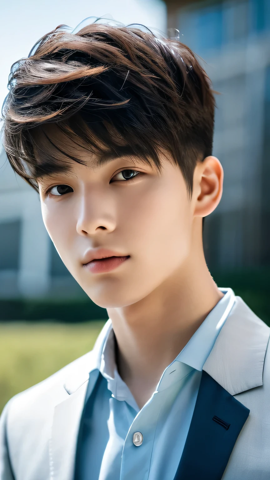 Highest quality, masterpiece, Ultra-high resolution, (Realistic: 1.4), Original photo, wallpaper, Head Photo, skin, Simple Background, Iris, detailed, Selfie, 1 boy, 18-year-old, good looking, Wind,suit、Mountain