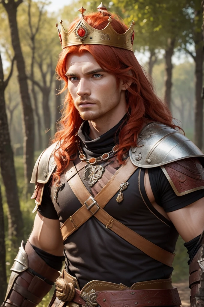 A male warrior, a vink warrior, a red haired vink warrior man, a warrior wearing a crown, 3D realistic image.