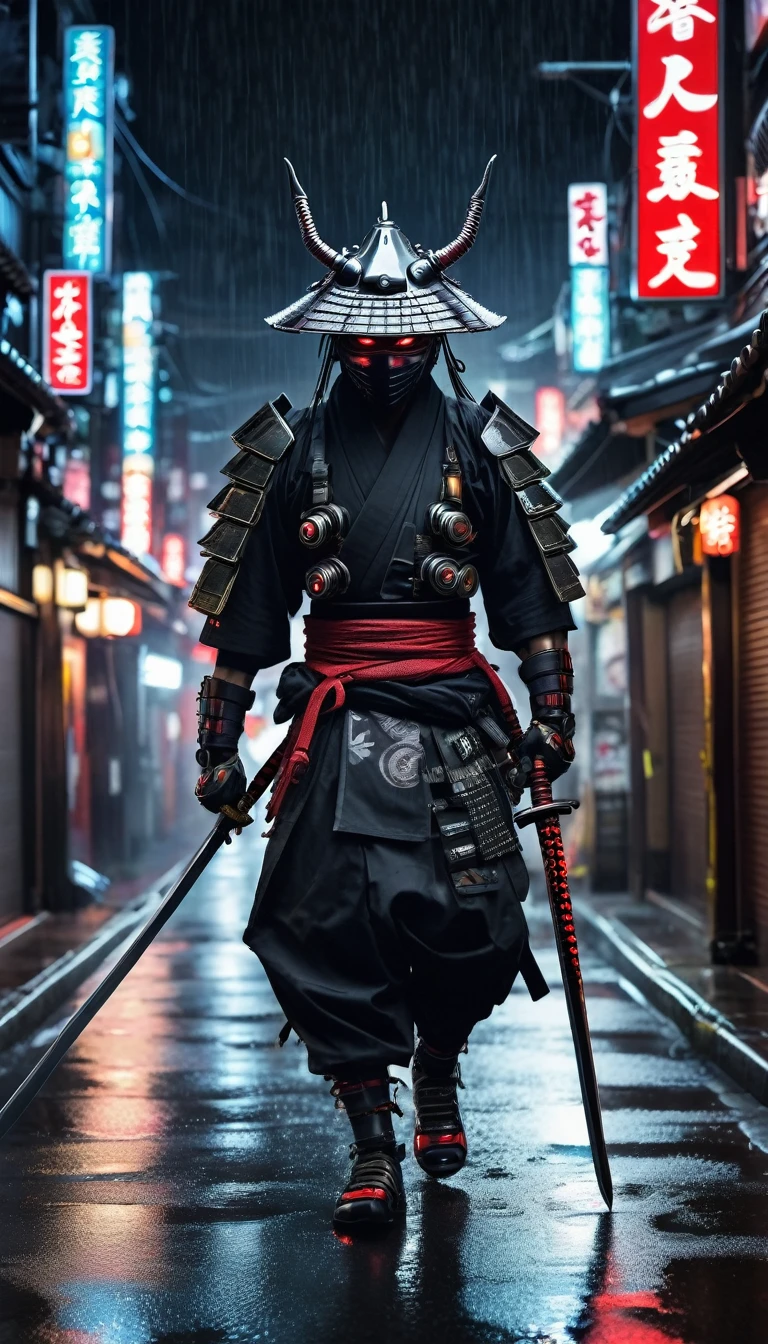 ninja shinobi cyberpunk robot cyborg .big thighs.Wallking street
two samurais walking down a street at night, yasuke.Ninja wearing conical hat. shinobi Cyborg. Red eyes, devil mask, rain. Dark night. Equipped with Sword on back. Katana on back. Robot. gears. screws. lights. wires on back. Arresting monsters in alleys.real. tokyo. UE5 CGI