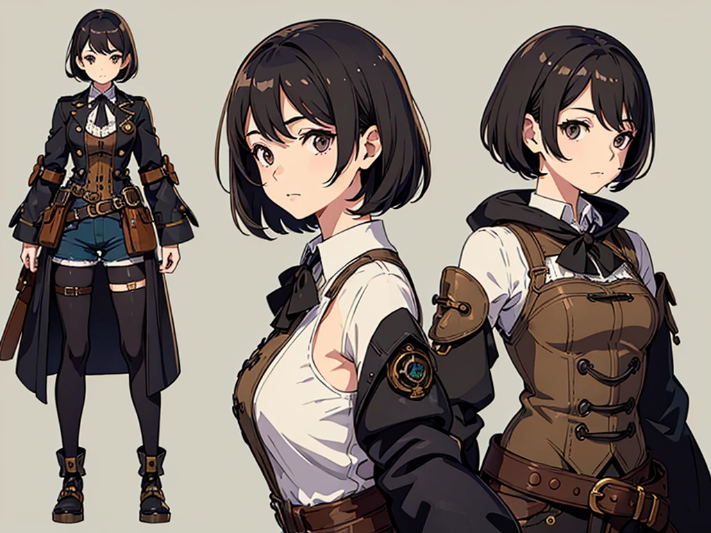 ((three views、(front図)、Side view、Rear view))、whole body、short hair、Distant eyes、Big Mouth、Low Nose、front、steampunk、Shorts、Are standing、One Woman、Simple Background、Character Sheet