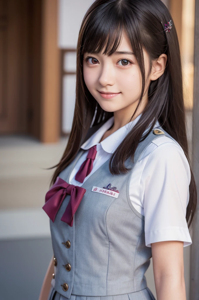 (RAW Photos:1.2), (Realistic:1.4), Cute Detailed Girl,smile, Very detailed eyes and face, Beautiful attention to detail, Very detailedな, High resolution, Very detailed, Highest quality, masterpiece, Kanna Hashimoto, ((Japanese high school girls uniform)), Very detailed, CG, Unified, 8k wallpaper, wonderful, The finer details, masterpiece, Highest quality, Very detailed CG uniform 8k wallpaper, Light on the face, Cinema Lighting, One girl, , ((Dynamic pose))