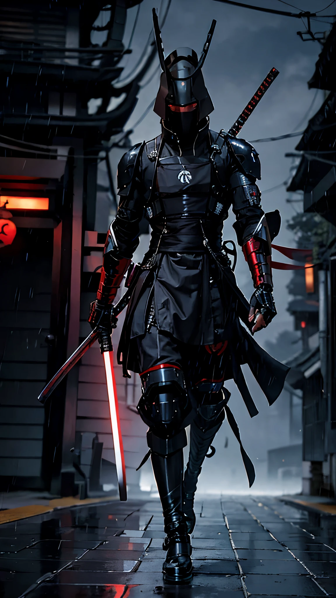 ninja shinobi cyberpunk robot cyborg .big thighs.Wallking street
two samurais walking down a street at night, yasuke.Ninja wearing conical hat. shinobi Cyborg. Red eyes, devil mask, rain. Dark night. Equipped with Sword on back. Katana on back. Robot. gears. screws. lights. wires on back. Arresting monsters in alleys.real. tokyo. UE5 CGI