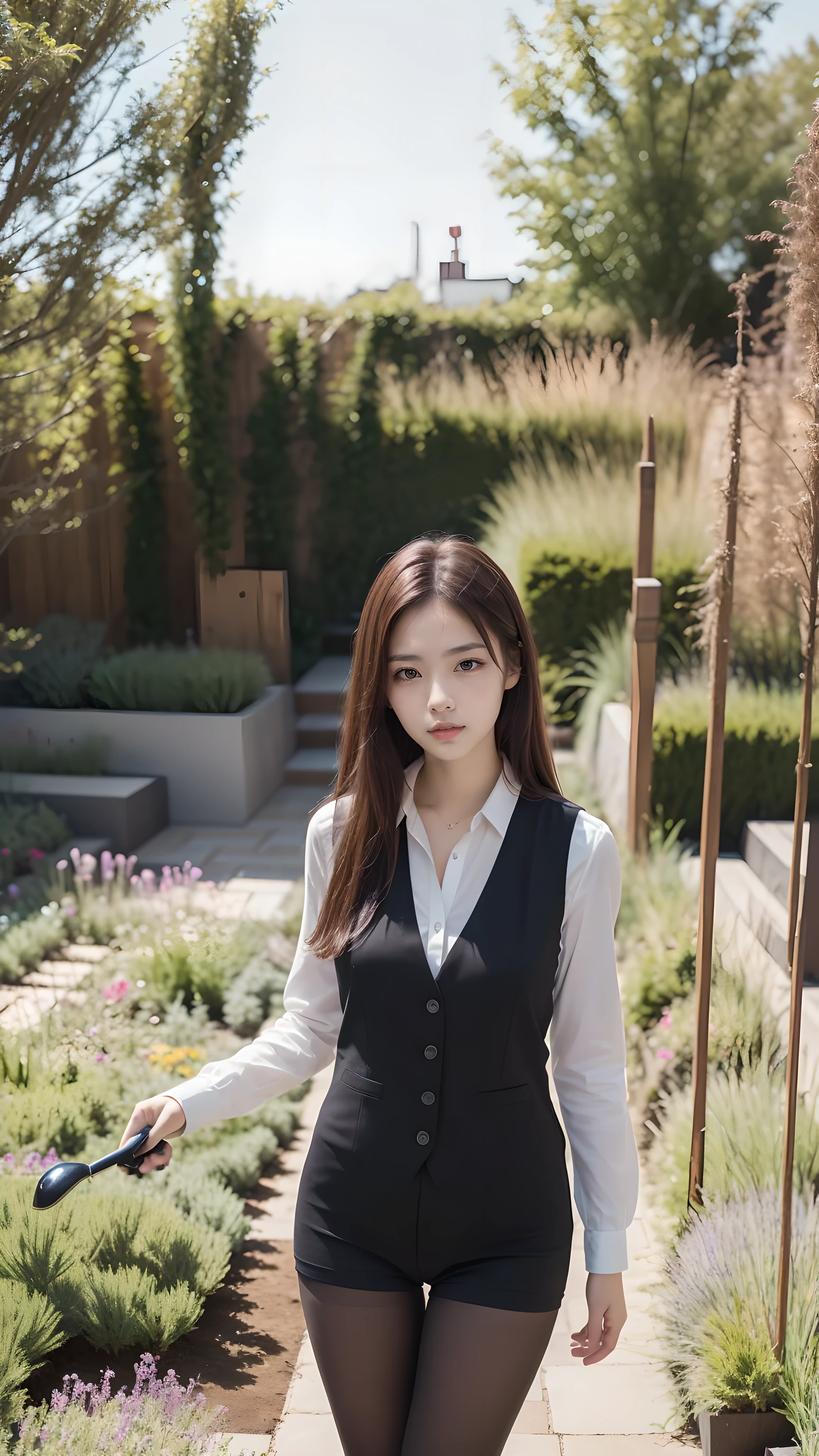 ulzzang-6500-v1.1, (RAW Photos:1.2), (Photorealistic), (Genuine:1.4), 1girl、Perfect Anatomy、20 years old、Looking at the camera、Medium Long Hair、Plaid vest、((in the garden:1.5))、(Ultra-realistic pantyhose:1.2), (High heels)、(Business services)、Asian Eyes Ella,