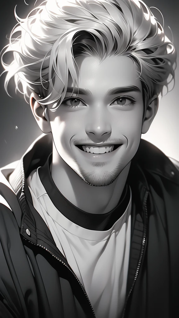 this is a black and white photo of a smiling guy with blond hair, greyscale, monochrome, 1boy, male focus, solo, smile, facial hair, looking at viewer, teeth, grin, portrait, realistic