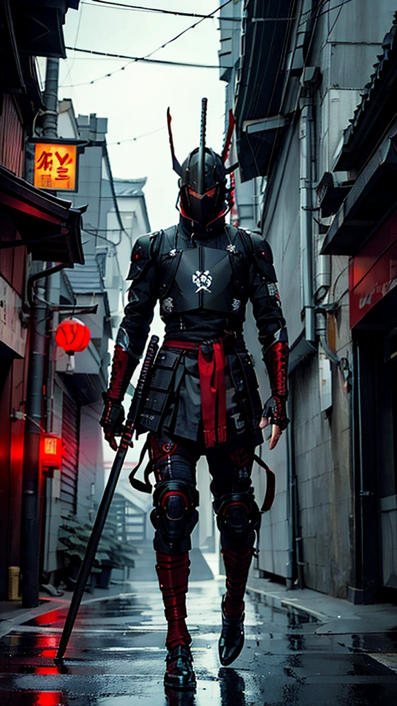 ninja shinobi cyberpunk robot cyborg .big thighs.Wallking street ,red suit
two samurais walking down a street at night, yasuke.Ninja wearing conical hat. shinobi Cyborg. Red eyes, devil mask, rain. Dark night. Equipped with Sword on back. Katana on back. Robot. gears. screws. lights. wires on back. Arresting monsters in alleys.real. tokyo. UE5 CGI