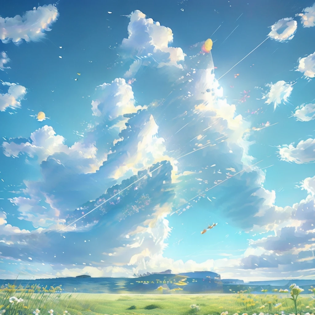 grassland、flower、flowerびらが舞う、眩Shii光、lame、Earth、Very detailed, Exquisite crystal work, Futuristic, Sophisticated, Minimalist, Cinema Lighting, Sparkling Surface, Realistic, 8k, Very detailed, masterpiece、god々Shii、Beautiful blue sky、