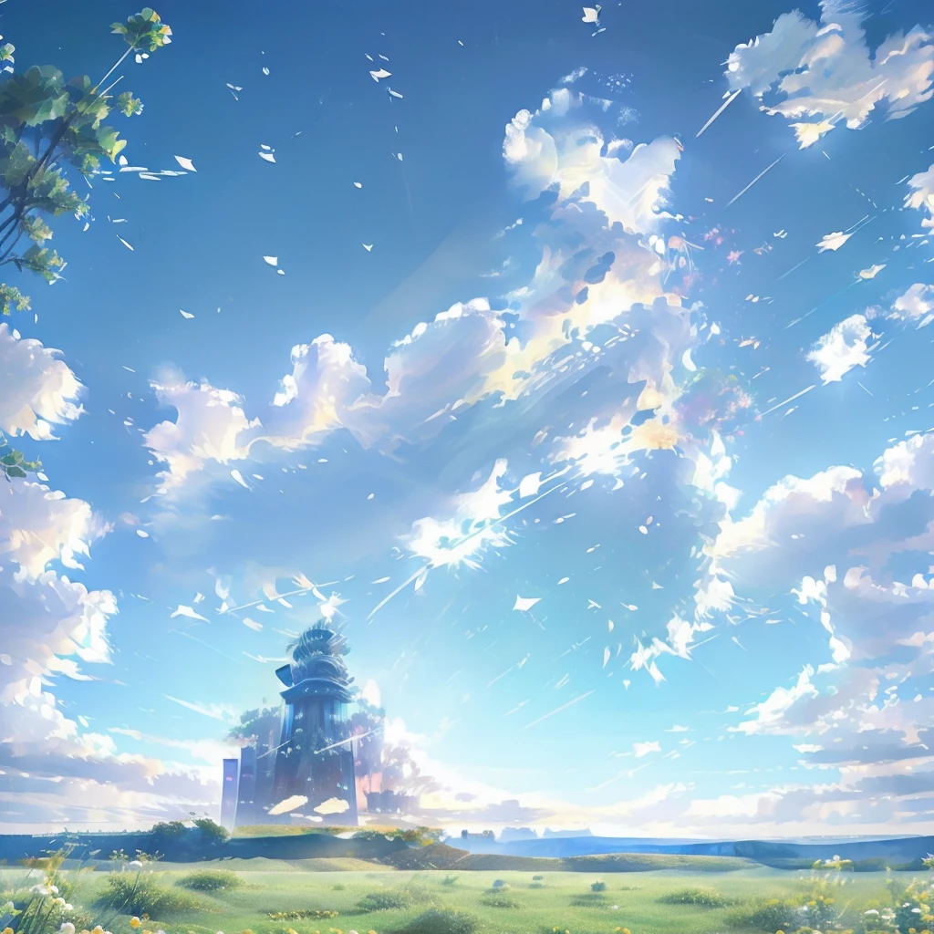 grassland、flower、flowerびらが舞う、眩Shii光、lame、Earth、Very detailed, Exquisite crystal work, Futuristic, Sophisticated, Minimalist, Cinema Lighting, Sparkling Surface, Realistic, 8k, Very detailed, masterpiece、god々Shii、Beautiful blue sky、