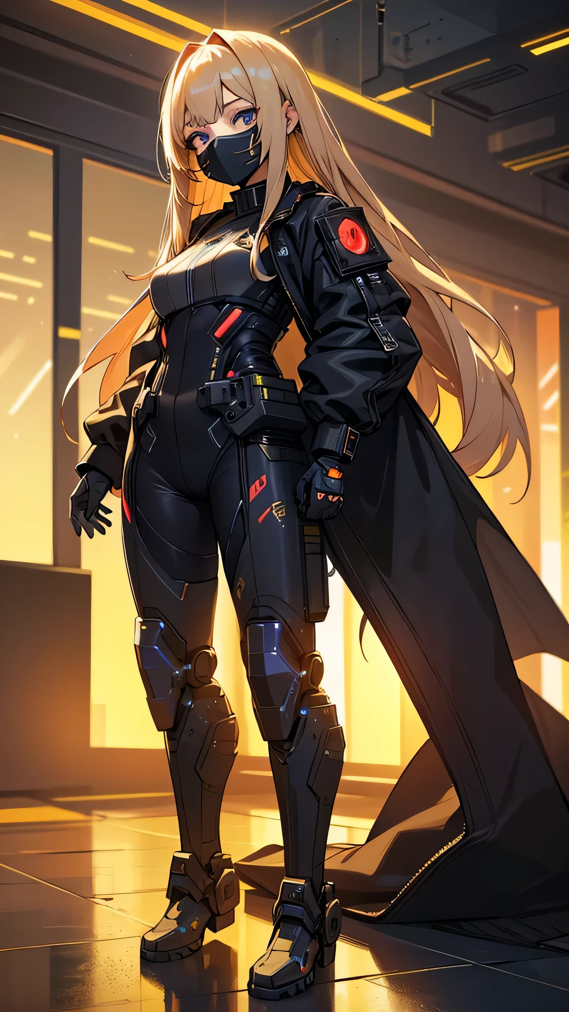 A highly detailed cyborg girl with (long golden hair), piercing black eyes, beautiful eyes,wearing a black mechanical mask, in a cyberpunk sci-fi scene, masterpiece, best quality, 8k, ultra-detailed, realistic, photorealistic, professional, vivid colors, HDR, physically-based rendering, sharp focus, studio lighting,a very cute and beautiful chibi anime girl, simple flat background, full body, standing, highly detailed face and eyes, clearly outlined, solo