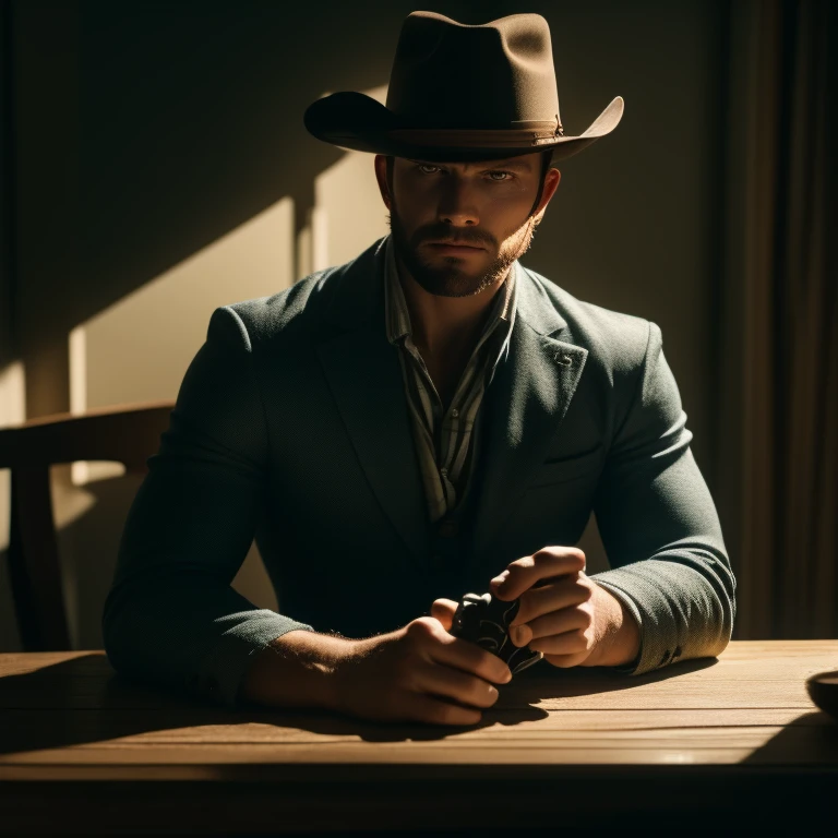 western cowboy, typical cowboy outfit, sitting on a broken wooden chair, next to it a table with a whiskey, hand holding a cowboy revolver placed on the table, hat and neckerchief ((Ultrarealistic))  Photoshoot, (Soft) lighting, (The play shadows)