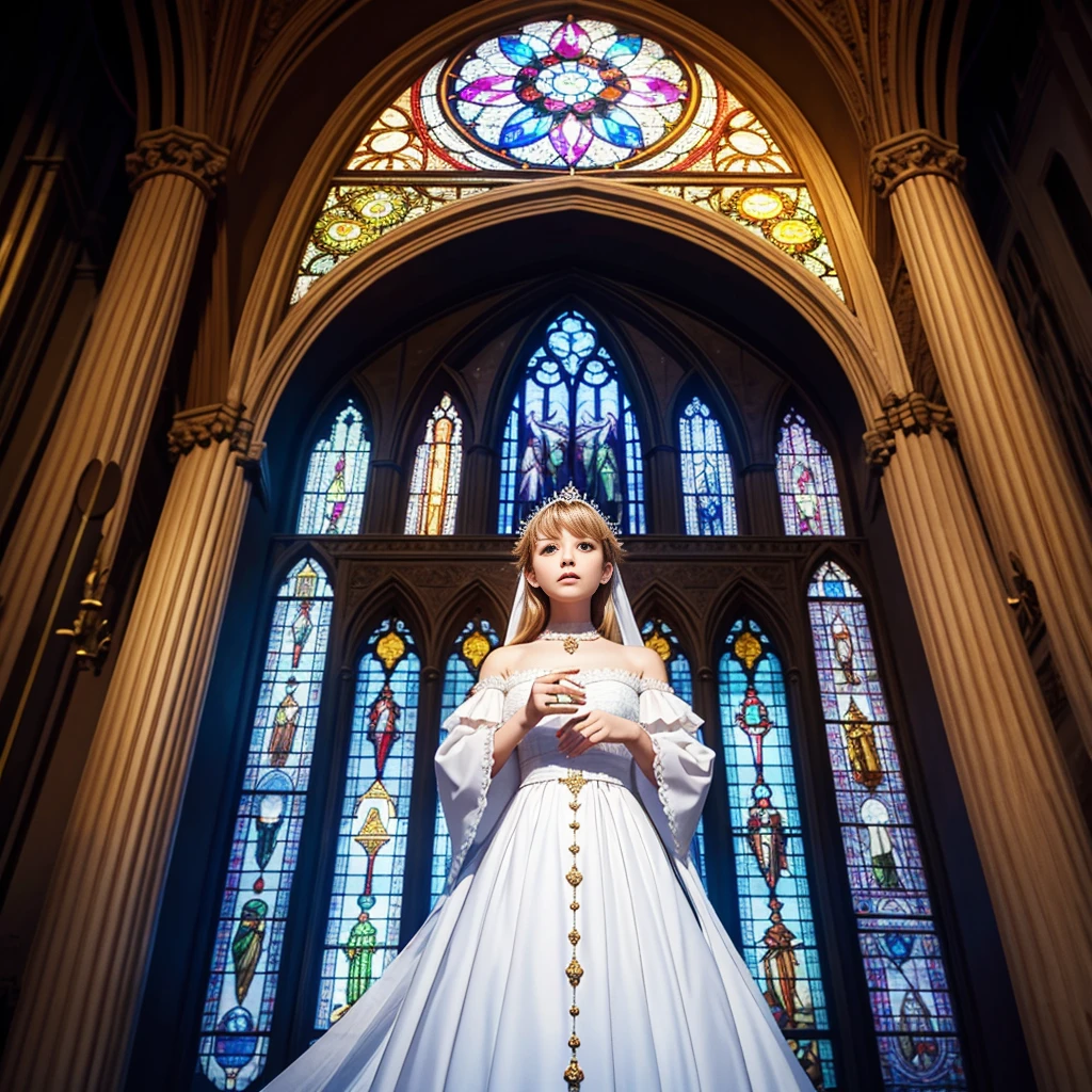 (Cathedral from below:1.28) (ZoomLayer) TopQuality 8K masterpiece of ((Professional photo)), (((Clarisse de Cagliostro))) (Detailed White WeddingDresses), Chain, (((Extremely detailed KAWAII face))) {((VeiledFace))|BlondeHair|(Elaborate BuleEyes)with(SparklingHighlights:1.28)}, The background is distant (((Elaborate stained glass))) Rainbow Glass, {(MysticSight)|EnchantingAtmosphere|Haze|(GodRays)|TyndallEffect}, Radiant PearlSkin with Transparency, (Exposed:0.39)